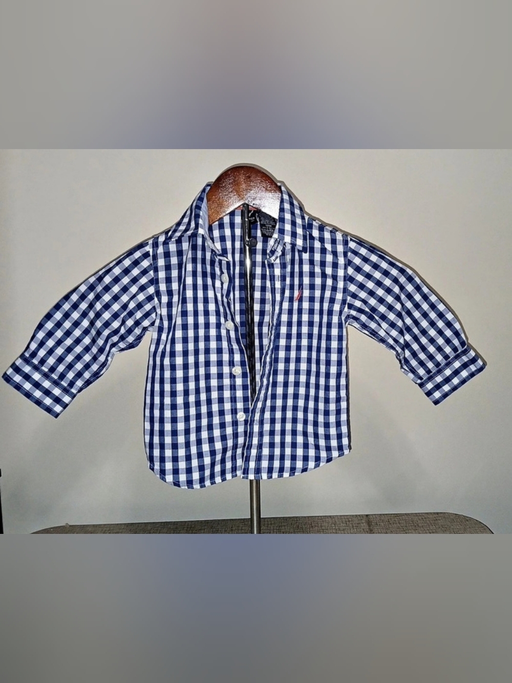 Nautica Boys Size 12M Blue White Gingham Shirt